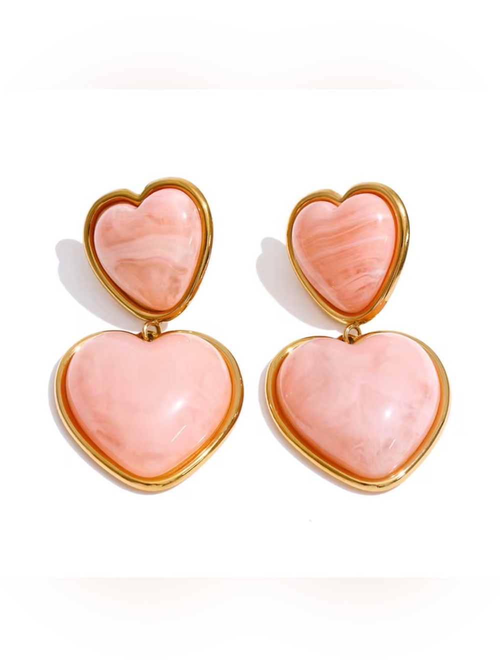 18K Gold Plated Pink Heart Drop Earrings - Gold Trim